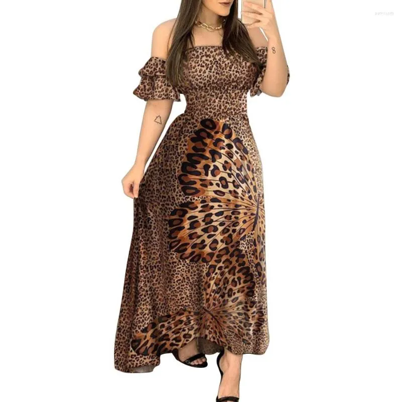 Casual Dresses Butterfly Leopard Print Women Summer Autumn Off Shoulder Long Dress Shirring Design Ruffle Maxi Vestidos