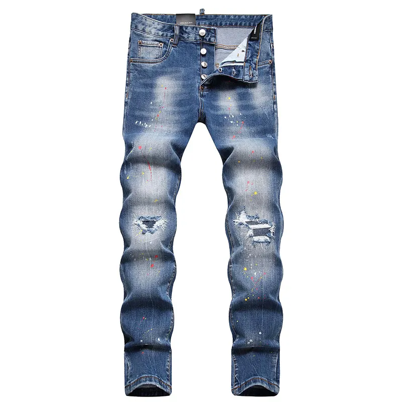 Jeans skinny slim fit con fori strappati Pantaloni in denim elasticizzato alla moda da strada da uomo Primavera Autunno Pantaloni a vita media con vernice di tendenza casual