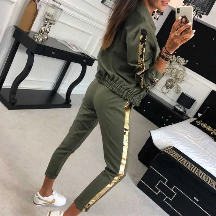 Sequin Patchwork Tracksuit 2 Piece Casual Jacket Pants Set for Women