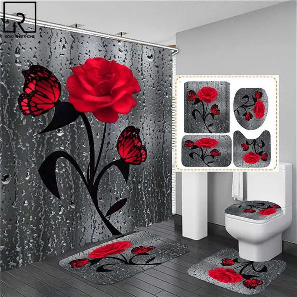 5 couleurs Rose imprimé 3D rideau de douche imperméable Polyester salle de bain rideau anti-dérapant tapis de bain ensemble tapis de toilette tapis décor à la maison 2270A