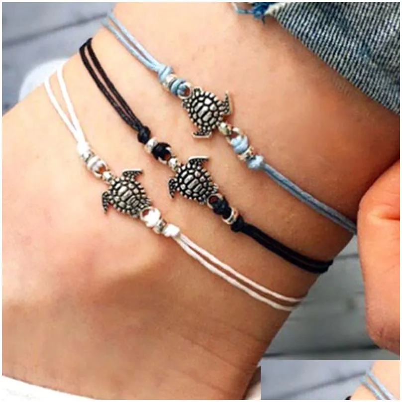 Fußkettchen Damenmode Strand Fußkettchen Armband Schildkröte Charms Fußkettchen Vintage Wachsseil Sommerurlaub Fußkette Schmuck Drop Lieferung Dh Dhrek