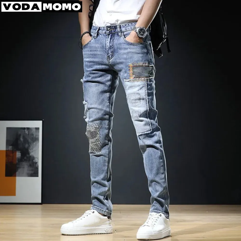 Jeans para hombre Moda Tear Ultra Thin Straight Denim Ropa Pantalones ajustados Pantalones Hombre 231116