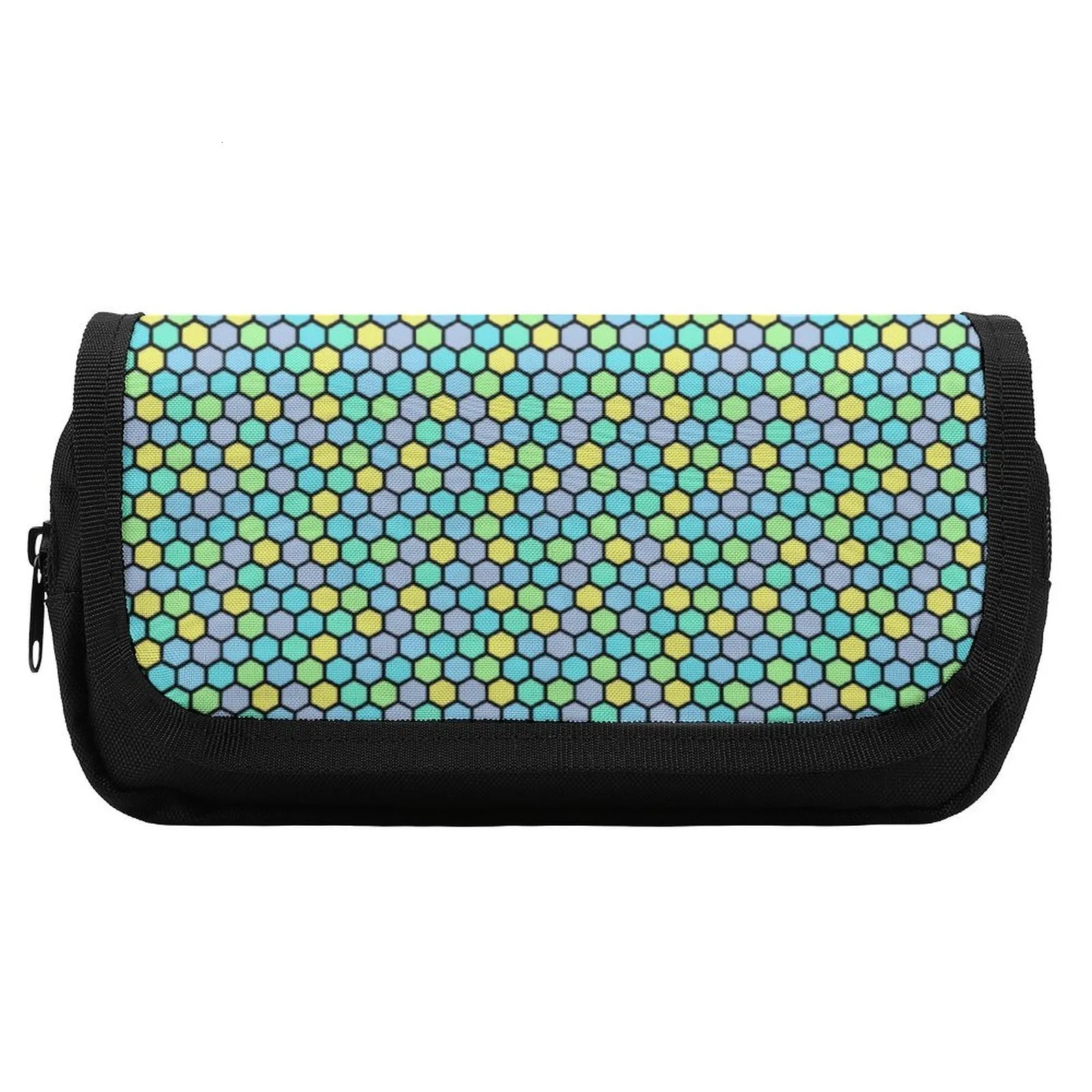 Pencil Bags Abstract Geometry Pencil Case Colorful Beehive Hook and Loop Vintage Double Pockets Pencil Box University Pen Organizer 230417