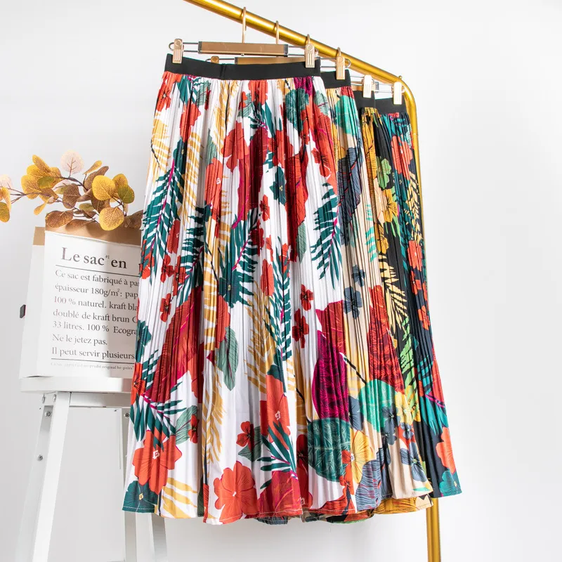 Elegant Floral Print Chiffon Midi Skirt High Waist Pleated Mid Calf Skirt  Shop Now!