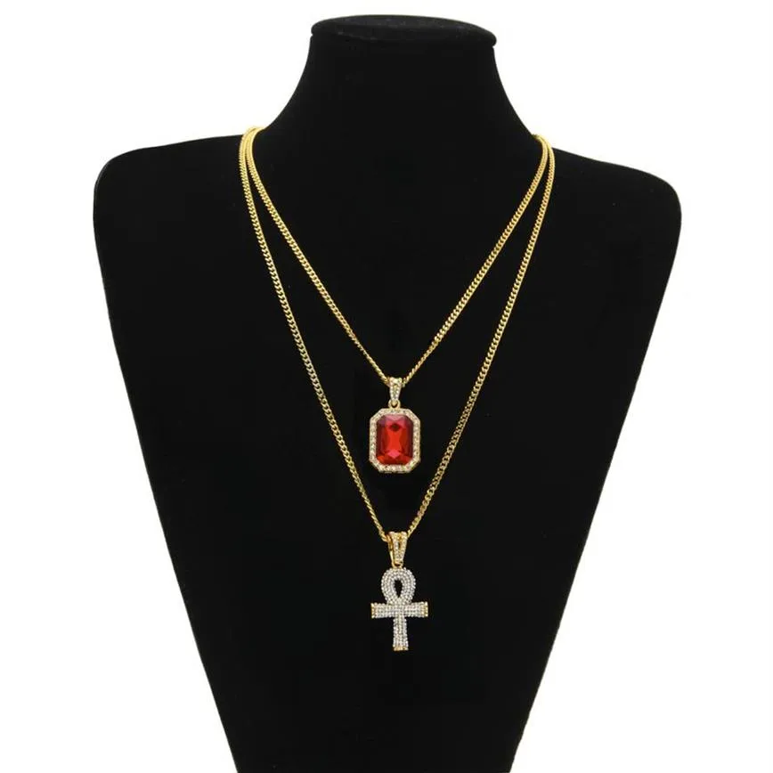 Hip Hop Jewelry Egyptian large Ankh Key pendant necklaces Sets Mini Square Ruby Sapphire with Cross Charm cuban link For mens Fash256Z