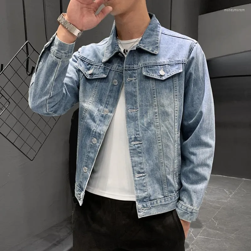 Herrjackor män kläder blå denim jacka korea höst vår mode smal mager kappa manlig cowboy stor storlek 4xl e276