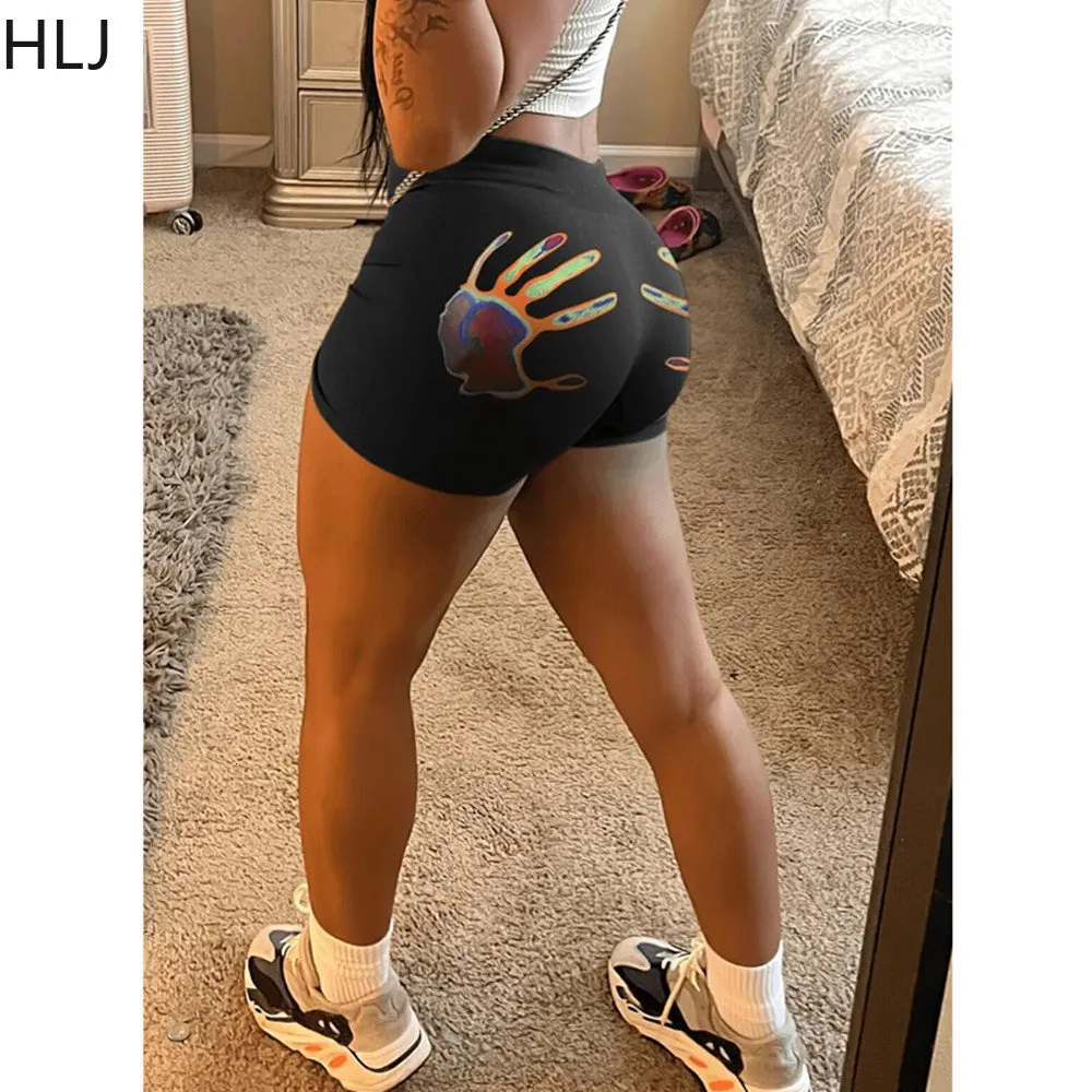 Dames shorts hlj mode y2k streetwear dames print hoge taille strakke sexy solide kleur sportieve skinny zomer kleding zwart 230414