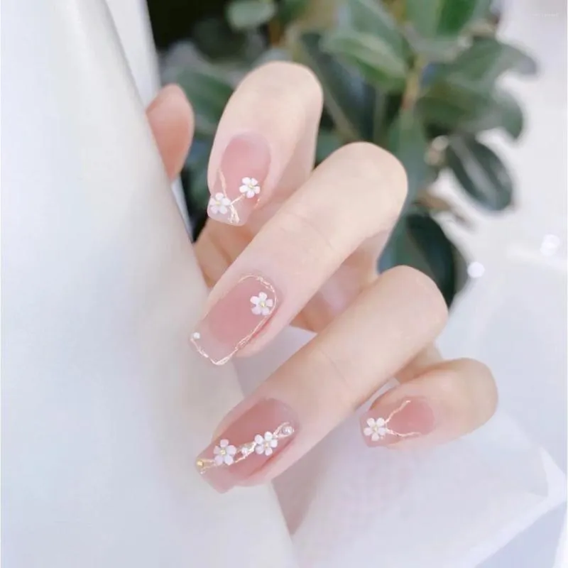 False Nails Manicure Fake Nail Flower Gold Diamond Products Reusable Adhesive Supplies Glue Press Things Full Cover Tips Art