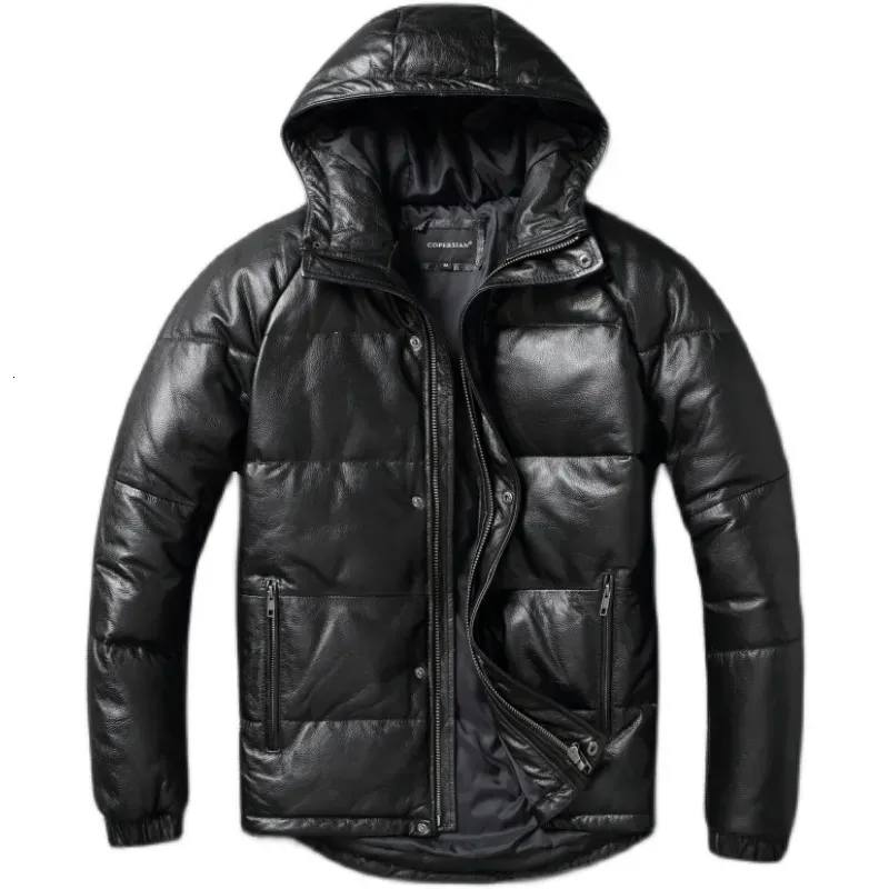 Men s Leather Faux Thick Men Jacket Hood Warm Down Coat Winter Long Jackets Genuine Cow Coats Mens Clothing 231117
