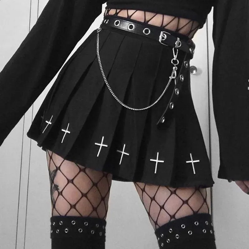 Spódnice czarne mini spódnice z wysokiej talii punkowe plisowane vintage spódnica gotycka streetwear cross druk plisowane spódnice Lolita Harajuku spódnica 231116