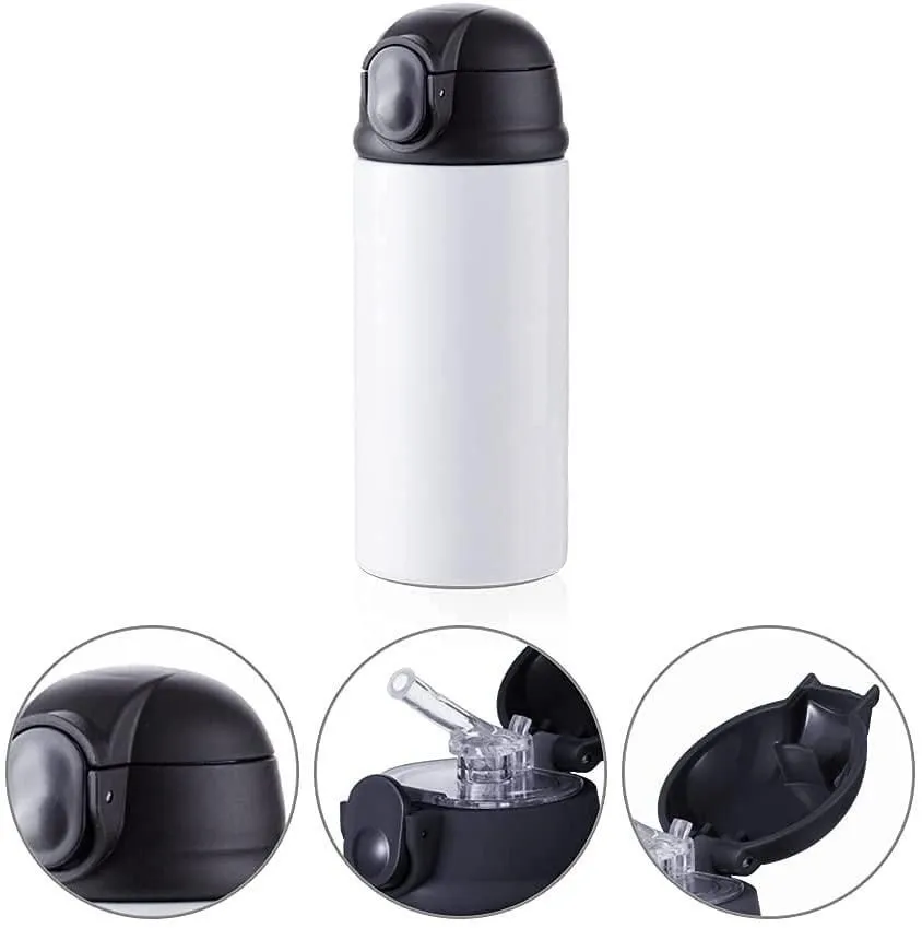 Sublimation Blanks Kids Water Bottle 12 OZ White Straight Tumbler Sippy Up Cup with  Black Lid for Tumbler Heat Press Machine Sublimation Print