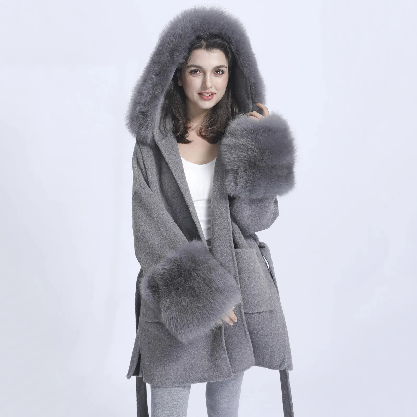 Misturas de lã feminina missjanefur 2023 casaco de inverno para mulheres jaquetas de caxemira com capuz de pele real manguito quente luxo com cinto longo trincheira 231116