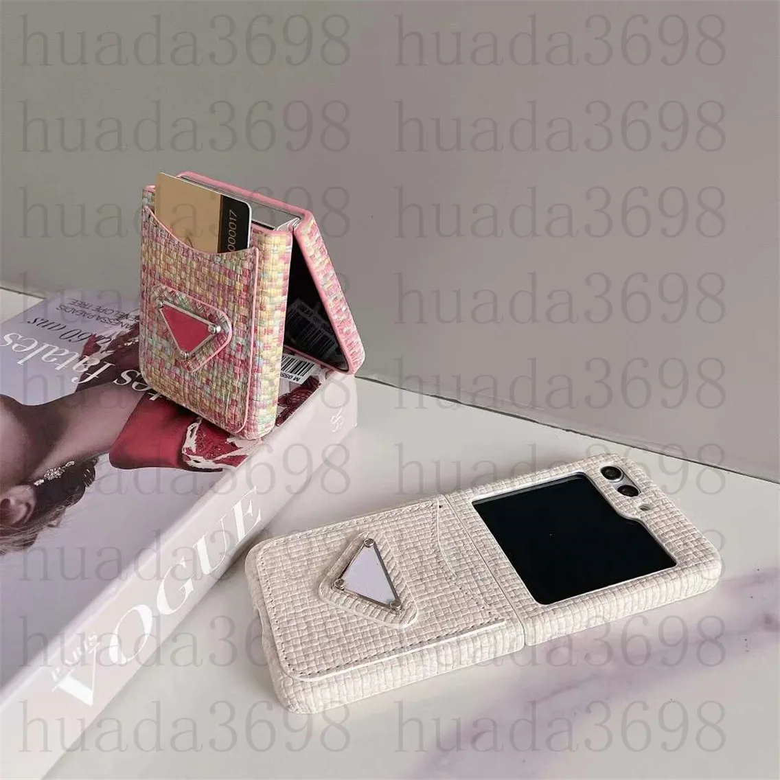 Capa de telefone celular luxuosa para Samsung Z Flip 5 Flip4 Flip3 Couro Voltar Flor Carta Imprimir Retro Weave Padrão Shell Samsung Fold 5 4 Proteger Capa