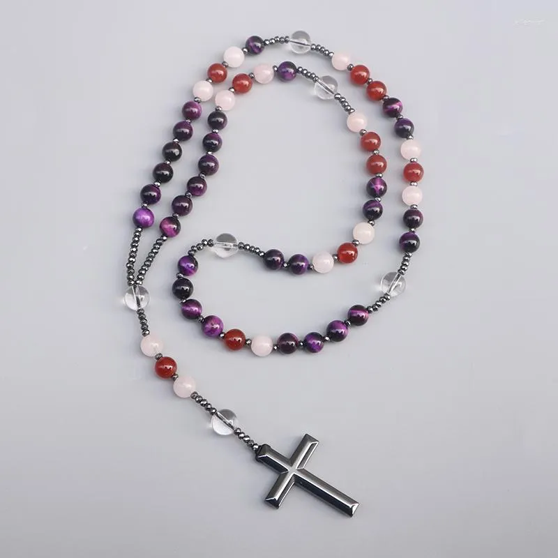 Pendant Necklaces Fashion Women Men Bead Healing Hematite Cross Necklace 8MM Tiger Eyes Natural Handmade Stone Jewellry