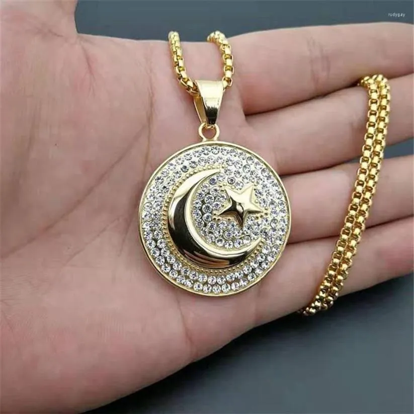 Hänge halsband muslimska halvmåne måne och stjärna rostfritt stål rund halsband hiphop ised ut kvinnor män islamiska smycken drop225j