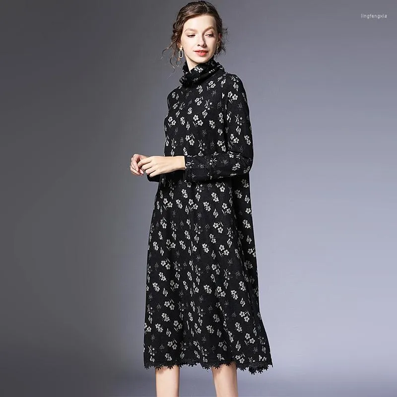 Casual Kleider Herbst Winter Weibliche Lange Ärmel Lose Langarm Rollkragen Korean Fashion Print Elegante Party Abendkleid Frauen