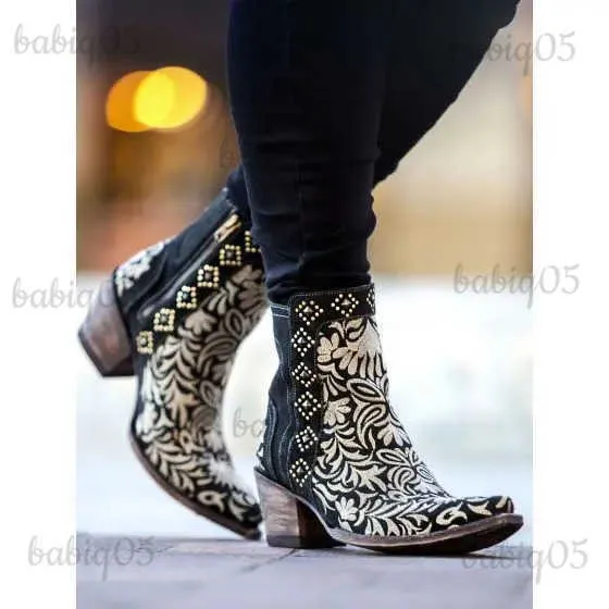 Botas bordadas saltos grossos botas de tornozelo para mulheres zíper design moda apontou toe cowboy outono sapatos mulher 2022 inverno outono t231117