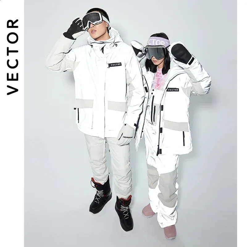 Лыжные костюмы VECTOR Мужчины Женщины Теплый лыжный костюм Комплект лыжных брюк с капюшоном Водонепроницаемые ветрозащитные Светоотражающие лыжные сноубордические куртки Брюки Верхняя одежда 231116