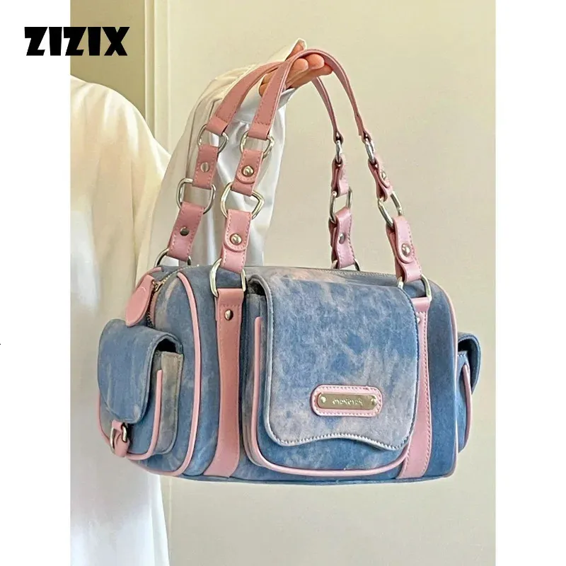 Borse da sera Donna Blu Rosa Borsa con manico Borsa a tracolla di grande capacità per ragazze Y2k Denim Borsa a tracolla firmata Borse multi-tasca Tie-dyed 231117