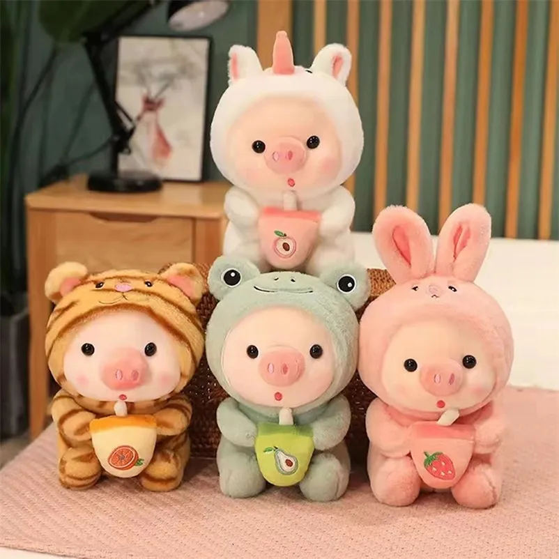 Muñecas de peluche 25 cm Kawaii Bubble Tea Pig Juguete Relleno Animal Conejito Rana Tigre Almohada Taza Leche Boba Plushie Muñeca Regalo de cumpleaños 231116