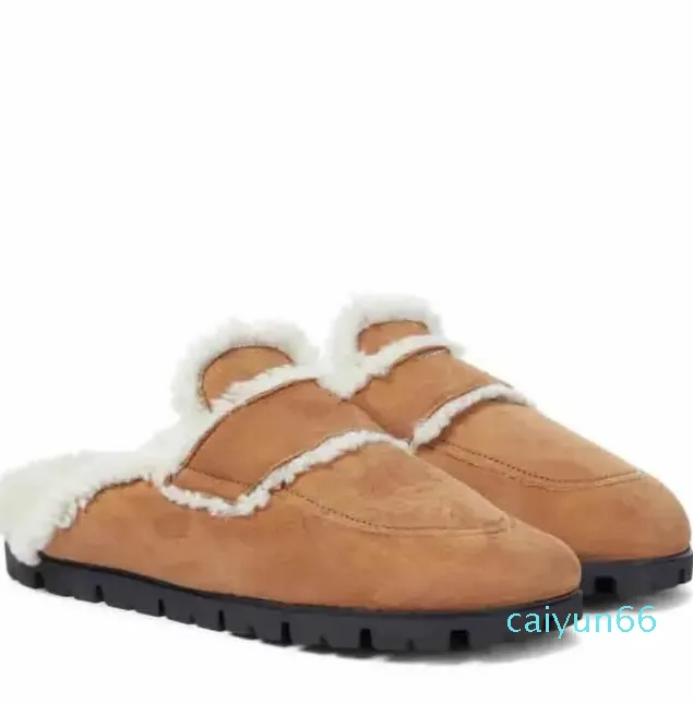 Chinelo de inverno de luxo sapatos de neve feminino lã quente apartamentos triângulo-logotipo shearling chinelos marrom preto camurça chinelo com caixa