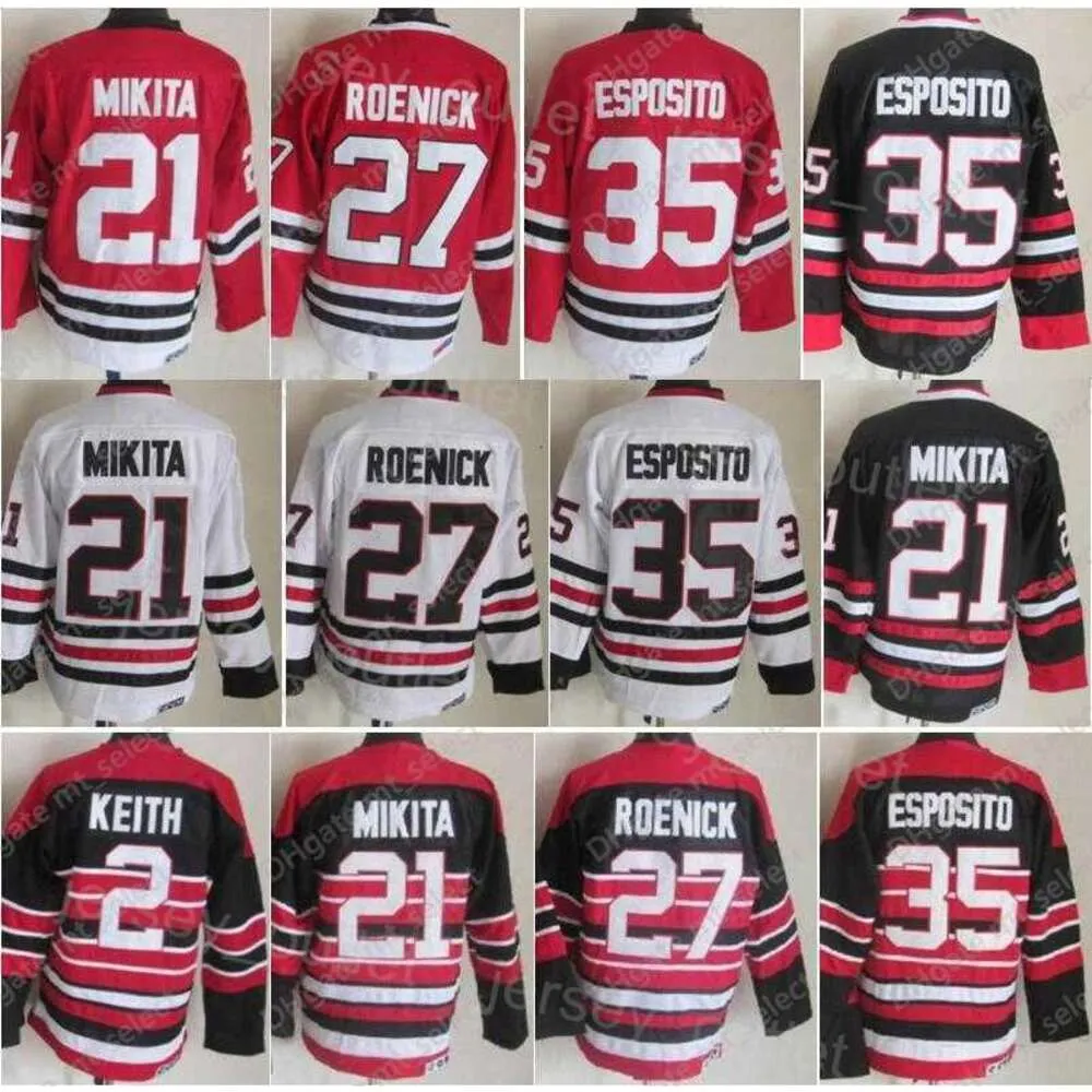 Heren Retro hockey''nHl'' 35 Tony Esposito Jersey Vintage Classic 27 Jeremy Roenick 21 Stan Mikita 2 Duncan Keith Borduur- en naaiteam Zwart