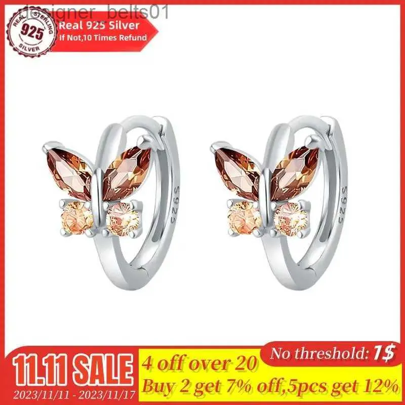 Stud 100% Real 925 Sterling Silver Brown Borboleta Brincos Zircon Jóias Espumante Original Ear Studs para Mulheres Jóias GiftsL231117