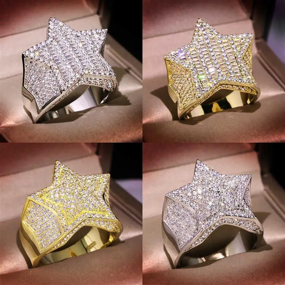 Stenen Heren Gouden Ring Hoge Kwaliteit Vijfpuntige Ster Mode Hip Hop Zilveren Ringen Jewelry238W