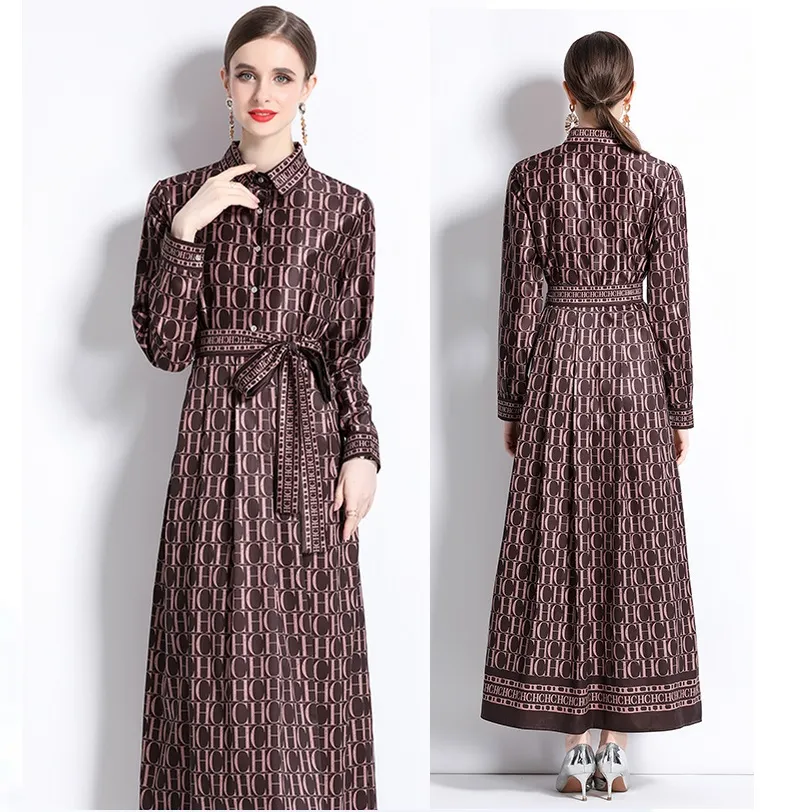 Khaki امرأة Maxi Shirt Dress Designer أردية طويلة الأكمام من طية صلق صفيرة Lace Up Bow Weist Slim Print Print Valices 2023 Spring Fall Runway Frocks Party Frocks