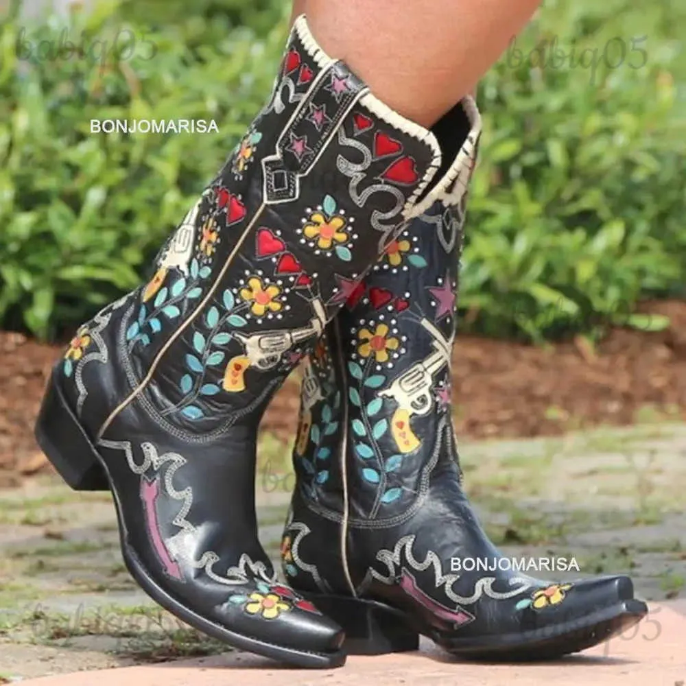 Laarzen BONJOMARISA Merk Cowboy Borduren Bloemen Westerse Laarzen Voor Vrouwen Slip Op Mid Kuit Laarzen Vrouw Casual Design Schoenen Vrouw T231117