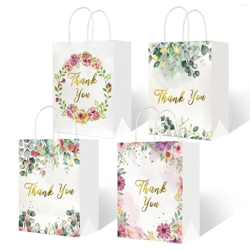 Emballage cadeau 12 pièces sac de remerciement taille moyenne avec feuille d'or fleur Design papier blanc poignée grande capacité mariage mariée fête