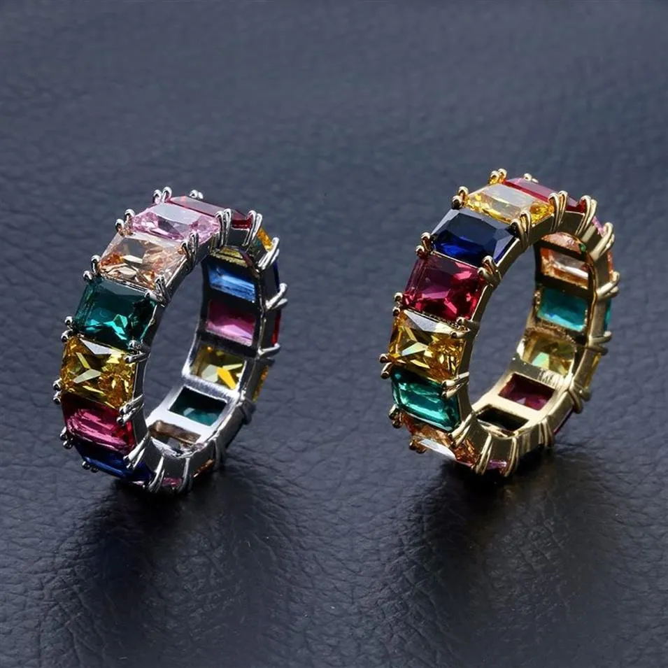 Mens Hip Hop Iced Out Rings Jewelry 2018 New Fashion Gold Rainbow Ring Colorful Diamond Ring253v