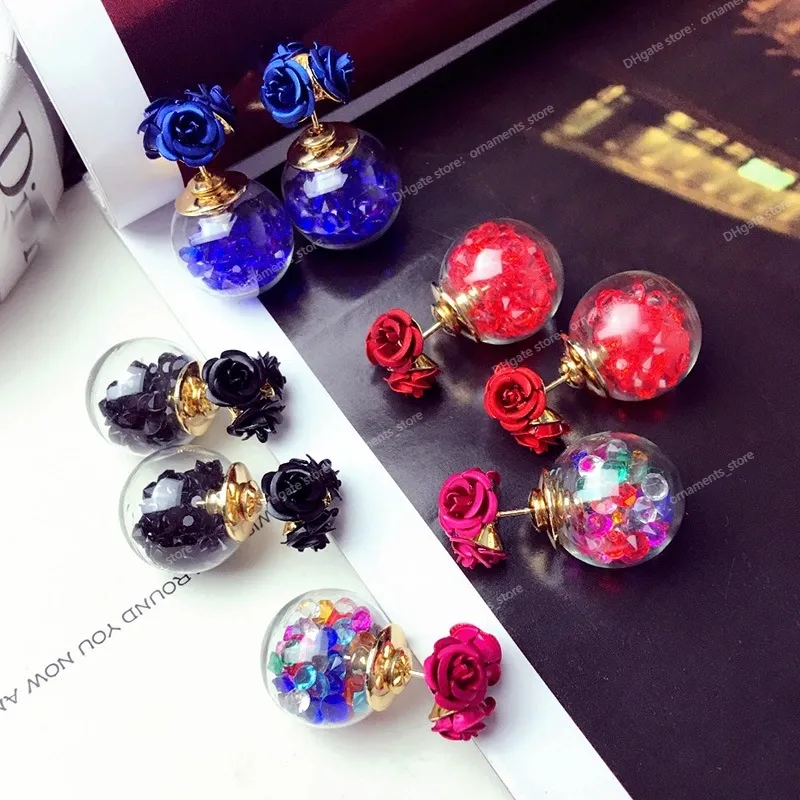 1 paio di moda carino donna ragazza elegante squisito orecchio stud zircone cristallo tre fiori rosa sfera di vetro doppi lati orecchini orecchini orecchini doppio zircone