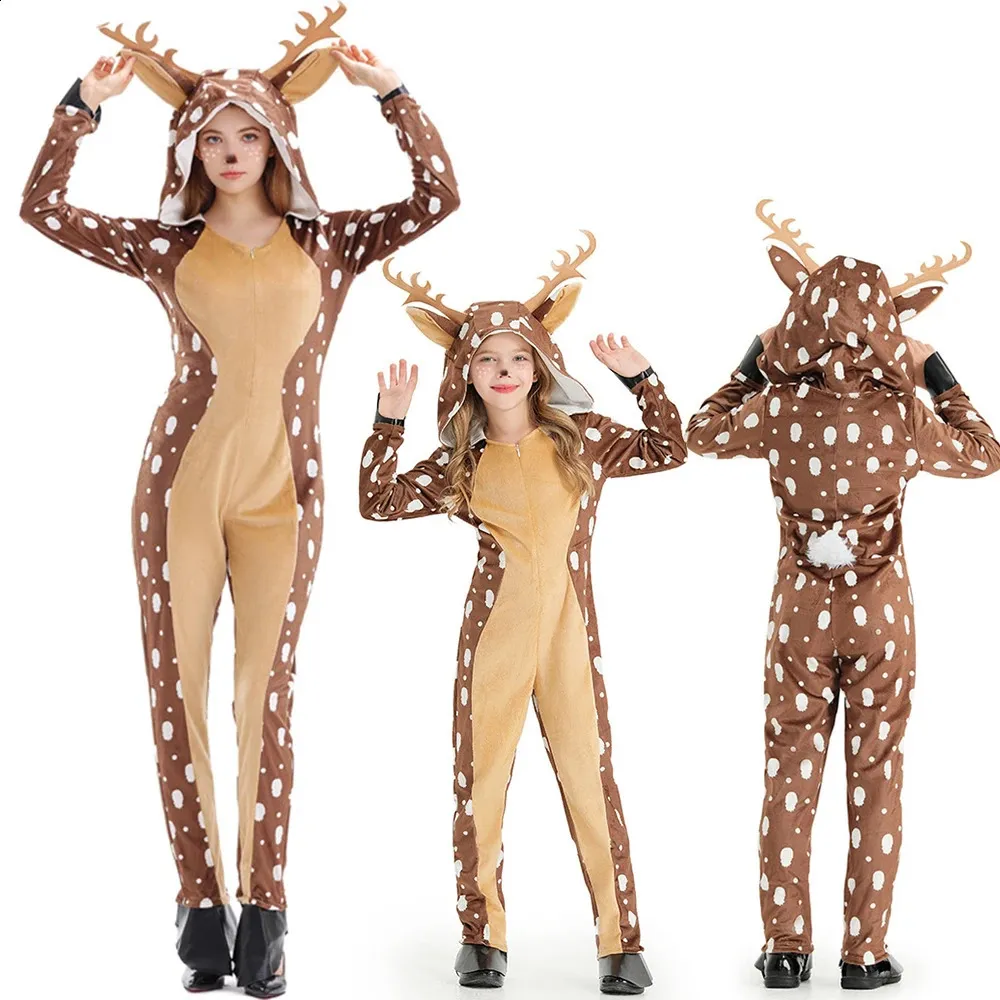 Cosplay dorosły dziecko Bożego Narodzenia kostium reniferowy Dziewczyny Kobiety z kapturem Przytulny pławk jelenia kostium onesie Fawn Deer kombinezon dla dzieci 231116