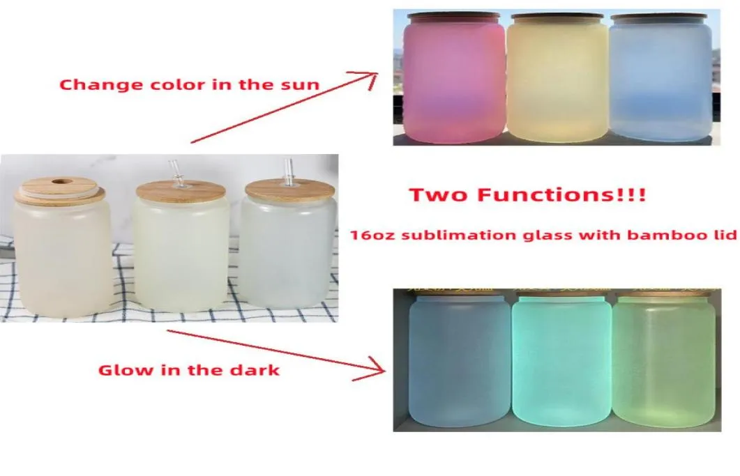 Two Functions 16oz Sublimation Glass Can Glow in the dark Glass UV Color Changing Glass Tumbler Drinking Glasses With Bamboo Lid A7540868