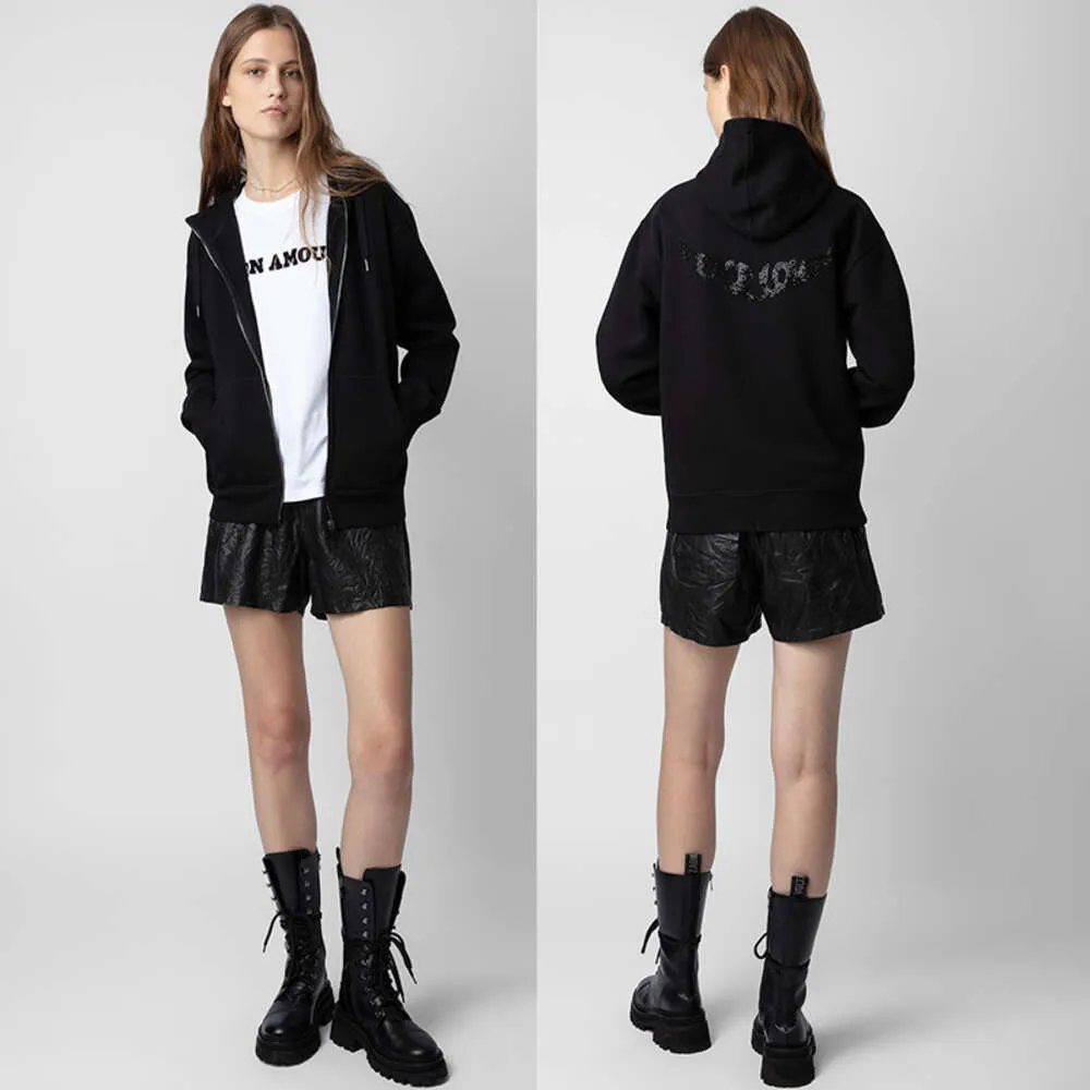 Zadig Voltaire Zipperedフード付きジャケットバックウィングホットダイヤモンドパーカーZVブラックプラッシュセーター女性デザイナーコート