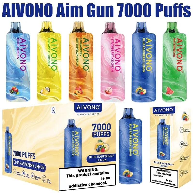 Original AIVONO Aim Gun 7000 Puffs Vape Descartável E Cigarro Puff 7000 0% 2% 5% 12ML Pod Pré-preenchido 1.2Ω Bobina de Malha 600mAh Caneta de Bateria Recarregável