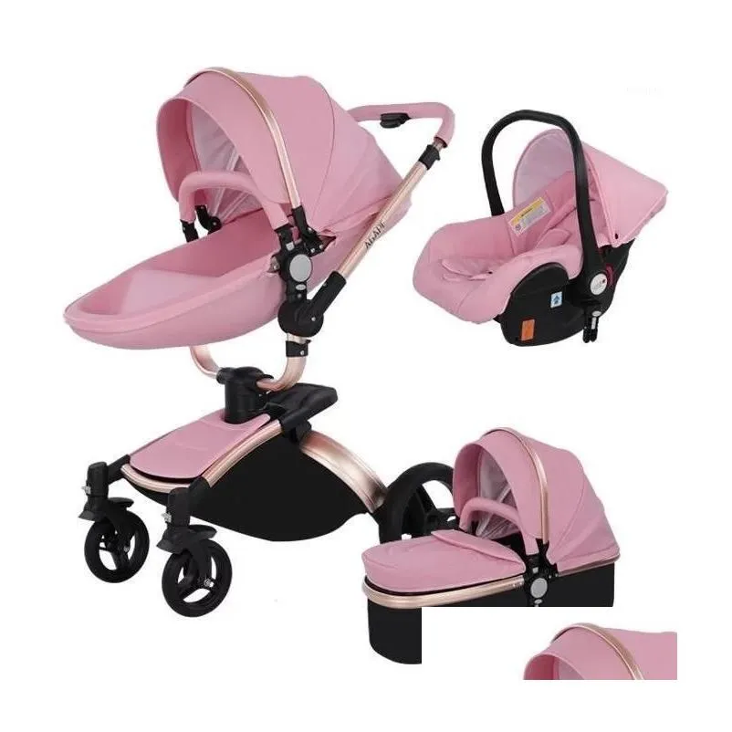 Passeggini # Passeggini di alta qualità Passeggino 3 in 1 Carrozzina Paesaggio Piega Pu Pelle Wagen Carrozzina Car Born Passeggino Drop Delivery Dhn6E