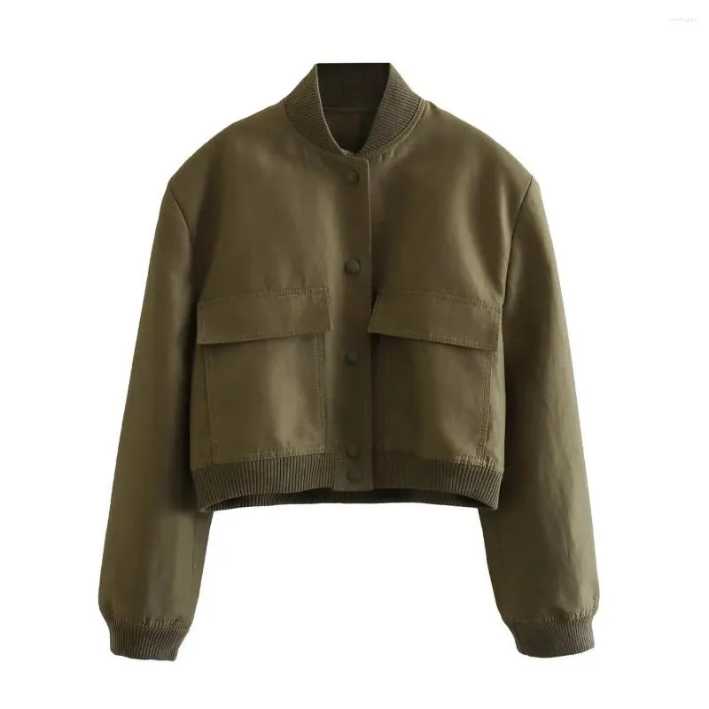 Jaquetas Femininas Jaqueta Bomber Feminina Caqui Exército Verde Solto Cropped Casaco Outerwear Casual Moda Coreana Chique Básico Bolso Vintage Retro Y2k