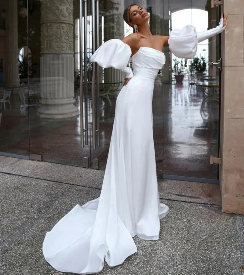Modern Mermaid Wedding Dress 2024 Strapless Pleats Short Removable Puffy Sleeves Satin Formal Bridal Gown Vestidos De Novia Rode De Mariee
