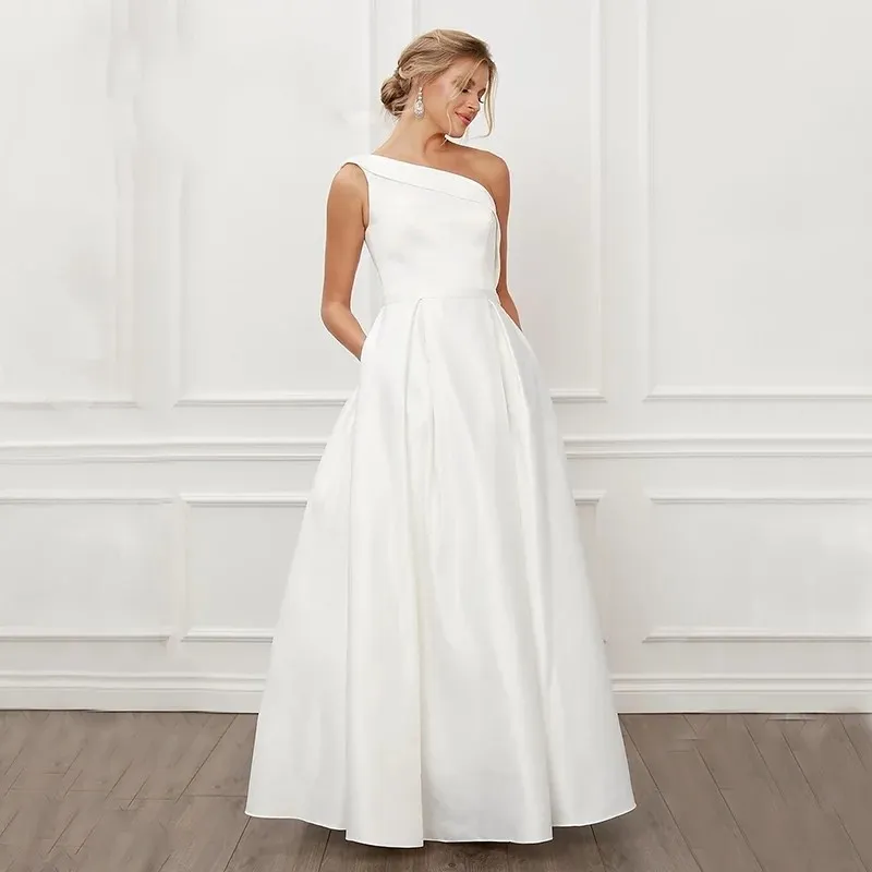 Simples de um ombro vestido de casamento liso crepe ruched até o chão vestidos de noiva com bolsos vestido de noiva de princesa