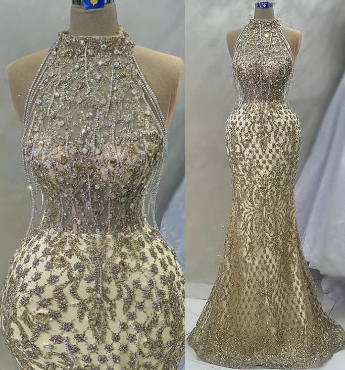 2023 April Aso Ebi Mermaid Gold Prom Dress Crystals Sequined Lace Evening Formal Party Second Reception Birthday Engagement Gowns Dresses Robe De Soiree ZJ5894