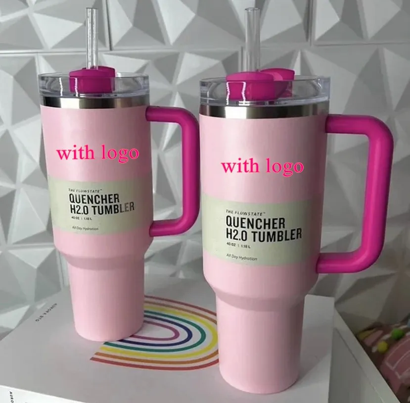 PINK Flamingo 40 onças Quencher H2.0 Canecas de café Copos de acampamento ao ar livre viagens Copo de carro Copos de aço inoxidável com alça de silicone Presente de Dia dos Namorados com logotipo