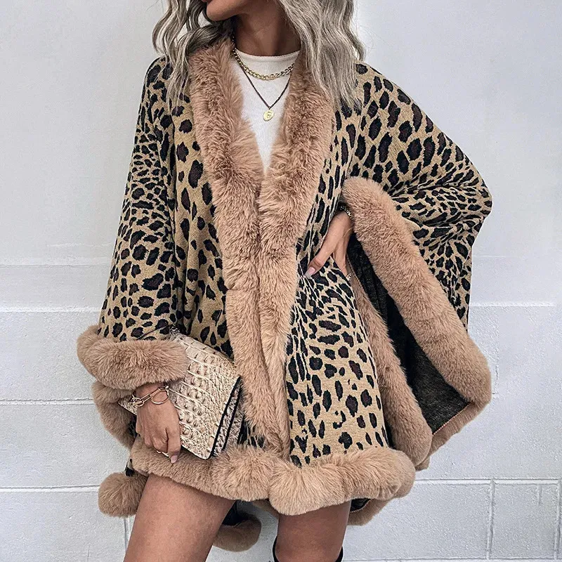 Women's Cape Women Coats Jackets for Winter Leopard Color Faux Fur Collar Thick Warm Knitted Capes Ponchos Autumn Outwear Knitwear 231117