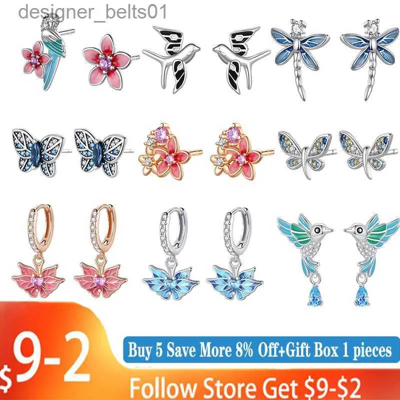 Stud Ny in Fashion Spring Series örhängen för kvinnor 925 Sterling Silver Butterfly Dragonfly Flower Ear Studs Fine Wedding Jewelry231117