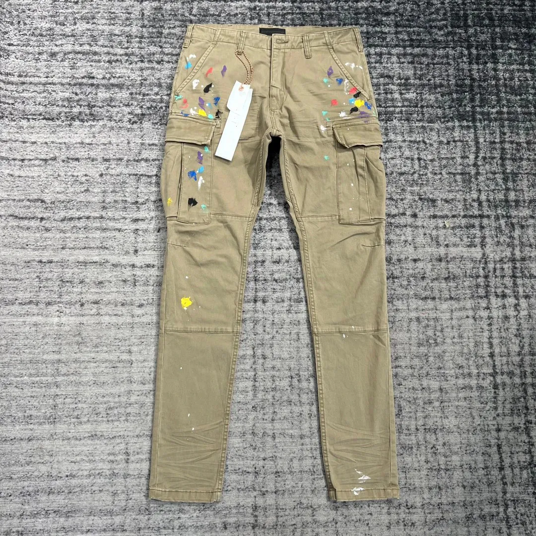 Men S Jeans High Street Cargo Flare Pant Hip Hop Handmade Ink Big Pocket Cotton Pants 231117