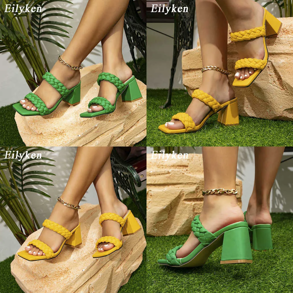 Sandals Design Summer Weave Women Slippers Square Toe High Heels Sandal Female Leisure Beach Green Flip Flops Shoes 230316