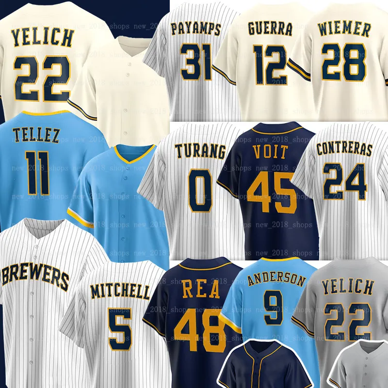 22 Christian Yelich Baseballtrikot Milwaukee Rowdy Lorenzo Cain Tellez Brewers Devin Williams Willy Adames Jesse Winker Brice Turang Sal Frelick Garrett Mitchell