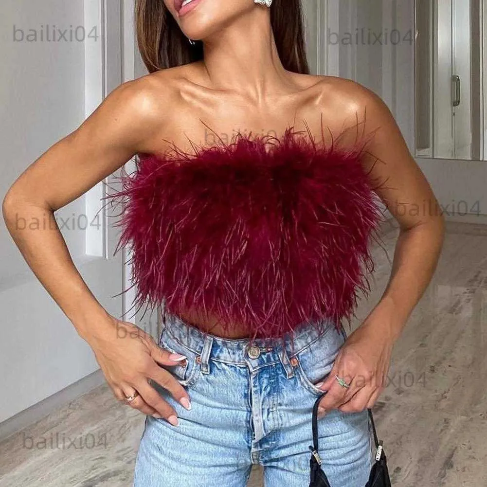 Canotte da donna Camis da donna Sexy Feather Crop Top Tinta unita Fluffy Skin-touch senza maniche con spalle scoperte Mini Lady Canotta Night Party Clothes T230417