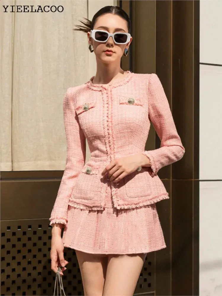 여자 2 조각 팬츠 핑크 트위드 재킷 스커트 슈트 패션 슬리밍 전문가 세트 가을 겨울 클래식 2 조각 231116